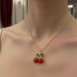 NWT CHERRY Pendant Necklace in Gold and Red 17in